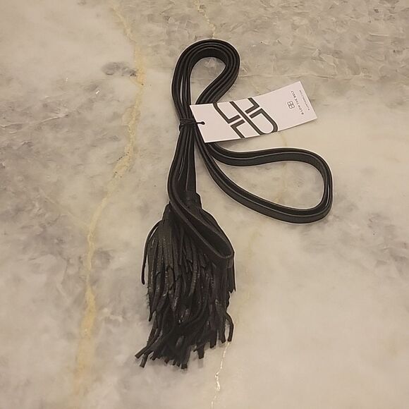NWT B-Low The Belt Leather Gatsby Whip Black Fringe Tassel Boho Waist Cinch Wrap